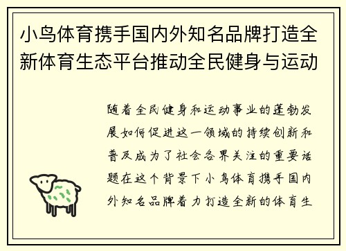 小鸟体育携手国内外知名品牌打造全新体育生态平台推动全民健身与运动发展