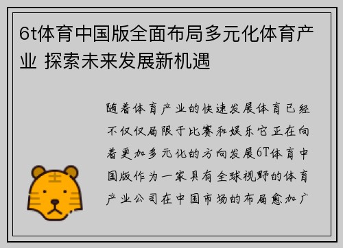 6t体育中国版全面布局多元化体育产业 探索未来发展新机遇